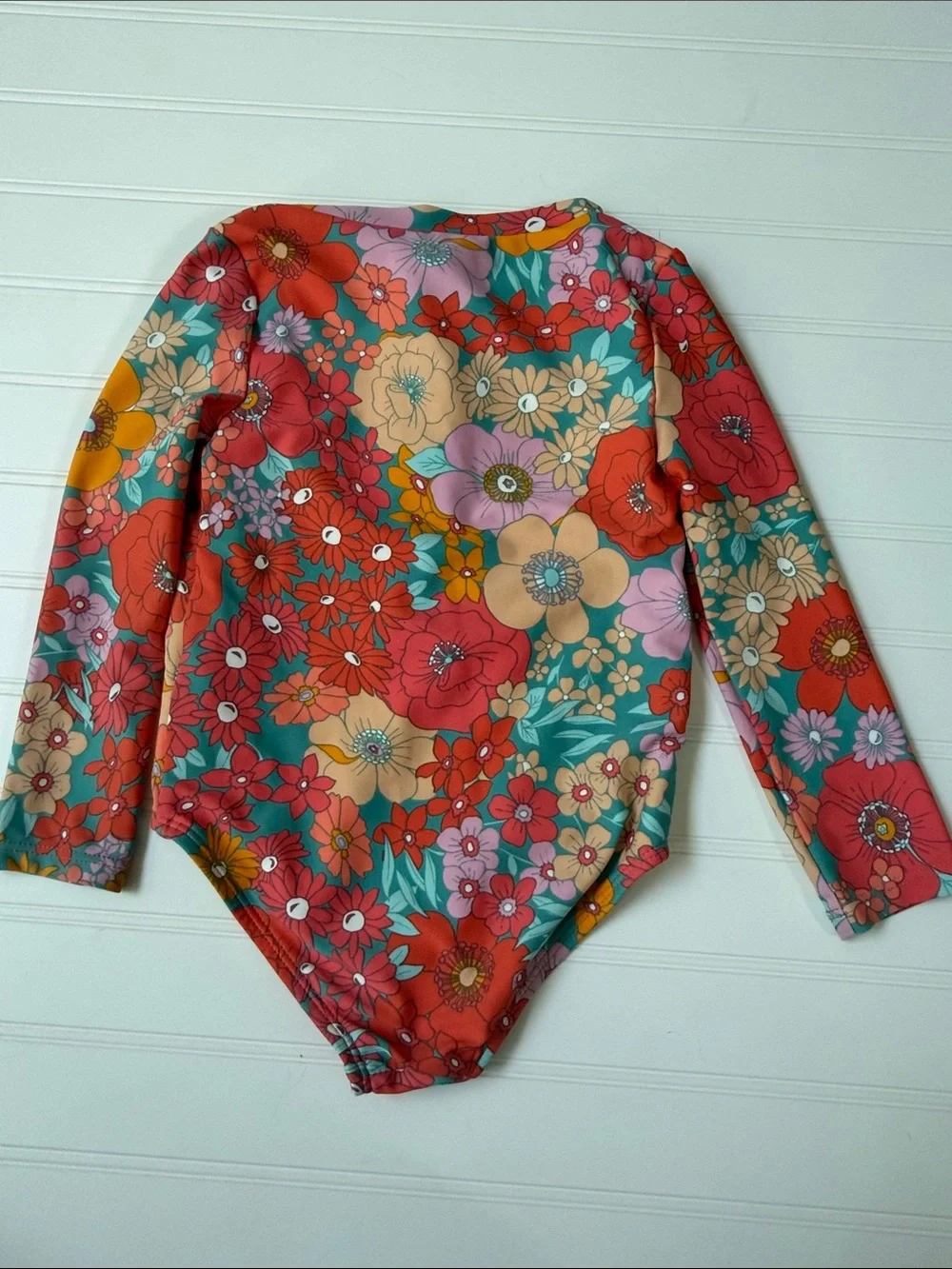 (026)Carter's Girls Floral Long-Sleeve Rashguard Swimsuit - Coral, Teal, Yellow